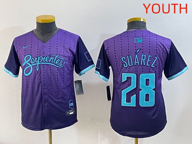 Youth 2025 Arizona Diamondback 28 Suarez Purple Joint Name Nike MLB Jersey style 1